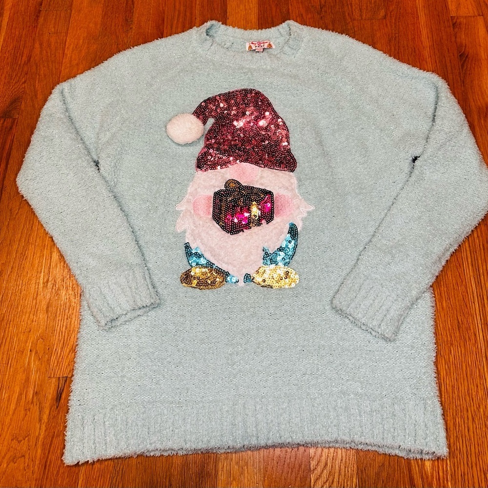 Poof Merry Christmas Gnome Sequin Sweater Medium | Women’s Christmas Sweater